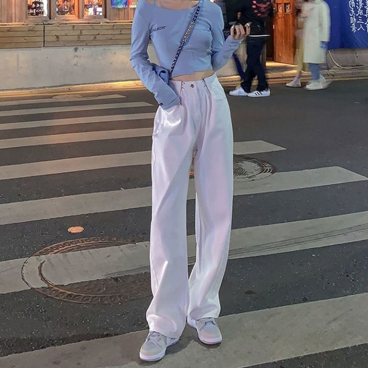 กางเกงยีนส์สไตล์เกาหลีกางเกงขากว้างเอวสูง-ยีนส์กางเกงผู้หญิง