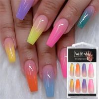 20pcs/Set Long Coffin Fake Nails Rainbow Ballerina Full Cover Nail Art Tips Beauty Artificial False Nails Manicure Charms fenguhan