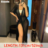 Riseado Mesh Beach Dress  Pareo Beach Tunic Bikini Cover Up Long Swimwear Half-sleeve Swimsuit Solid Sexy Bathing Suit Women