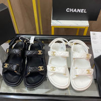 CHANNEL (C.C) New 2023 Womens Flat Bottom Beach Sandals Stock Outdoor Original Korean Edition Student Childrens Velcro Sandals (High Quality)