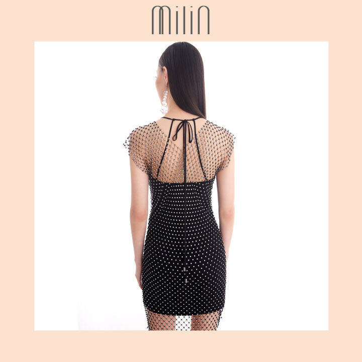 milin-crystal-netted-mesh-overlay-mini-dress-with-v-neckline-เดรสสั้นคล้องคอ-คอวี-แต่งทับด้วยเดรสตาข่าย-แต่งคริสตัล-avalon-dress-สีชมพู-สีขาว-สีดำ-pink-white-black