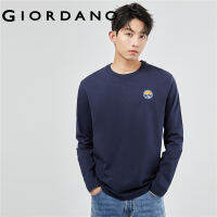 GIORDANO Men T-Shirts Small Embroidery 100% Cotton Tee Crewneck Long Solid Color Simple Basic Fashion Casual Tshirts 13093790