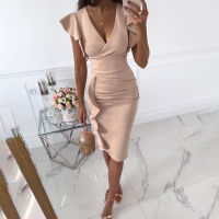 y V-Neck Slim Office Lady Dress Ruffle Short Sleeve Bodycon Knee-length Dresses For Women 2022 Casual Summer Woman Work Dress