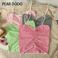 PEAR DODO เสื้อกล้ามคอวีแขนกุดมีจีบลายทางสไตล์เกาหลีสำหรับผู้หญิง