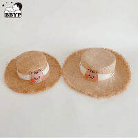 Cartoon Hand Straw Hat for Baby Girls Summer Sunproof Wide Brim Flat Top Hat Lace-Up Beach Cap Newborn Photo Props