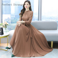 2021 Spring Autumn New Arrival High Quality S-4XL Stand Collar Solid Color Long Sleeve Women Chiffon Long Dress