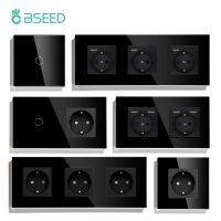 BSEED Touch Light Switch With EU USB Wall Sockets Black Wall Led Switches 1/2/3Gang 1Way Crystal Dark Blue Backlight Wall Switch Power Points  Switche