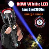 Brighest New Long Wick LED Flashlight With Power Bank 3000M Long Range 90W Telescopic Focusing Type-c Charging Tactical Torch Rechargeable  Flashlight