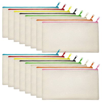16 Pack 8 Color Blank Canvas with Zipper, DIY Craft Pencil Bag, Multifunction Travel Cosmetic Bag