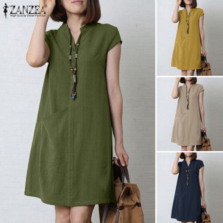 จัดส่งฟรี-esolo-zanzea-ผู้หญิงสไตล์เกาหลีแขนสั้นคอ-v-ฤดูร้อนลำลอง-s-undress-ยาว-midi-เสื้อชุด-krs-89339