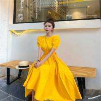 COD DSFGERTGYERE Yellow Dress Female Summer Mid-Length Retro Puff Sleeve Skirt Small Size Waist-Tight Slimmer Look Fresh A-Line台灣SIP站點不發貨！ ！ ！請注意不發貨！勿擾勿買！