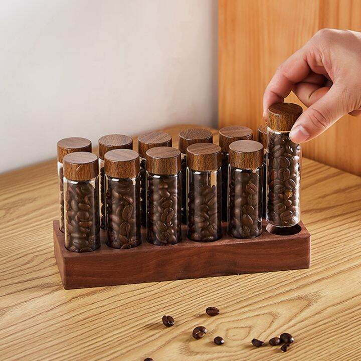 single-dose-coffee-bean-storage-tubes-coffee-bean-cellar-wooden-display-stand-and-funnel-espresso-accessories