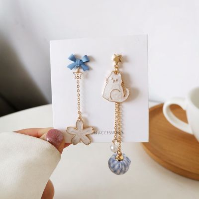 New Trend Blue Flower Dangle Earrings For Women Cute Animal Cat Cherry Blossoms Asymmetrical Earring Party Kitten Jewelry Gifts