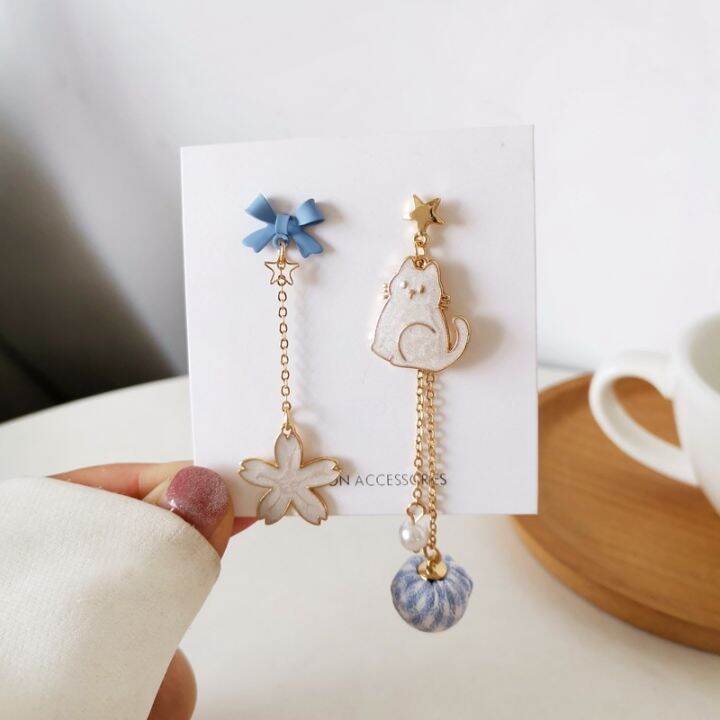 new-trend-blue-flower-dangle-earrings-for-women-cute-animal-cat-cherry-blossoms-asymmetrical-earring-party-kitten-jewelry-gifts