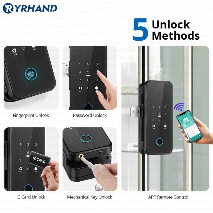 yrhand-สว่านฟรีบลูทูธรหัสบัตรสแกนลายนิ้วมือ-rfid-ไบโอเมตริกซ์การควบคุมระยะไกลแอป-tuya-ล็อคประตูกระจกอัจฉริยะ