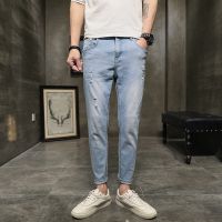 [COD] Mens personalized hole jeans summer thin section Korean style trendy slim feet beggar 9 points