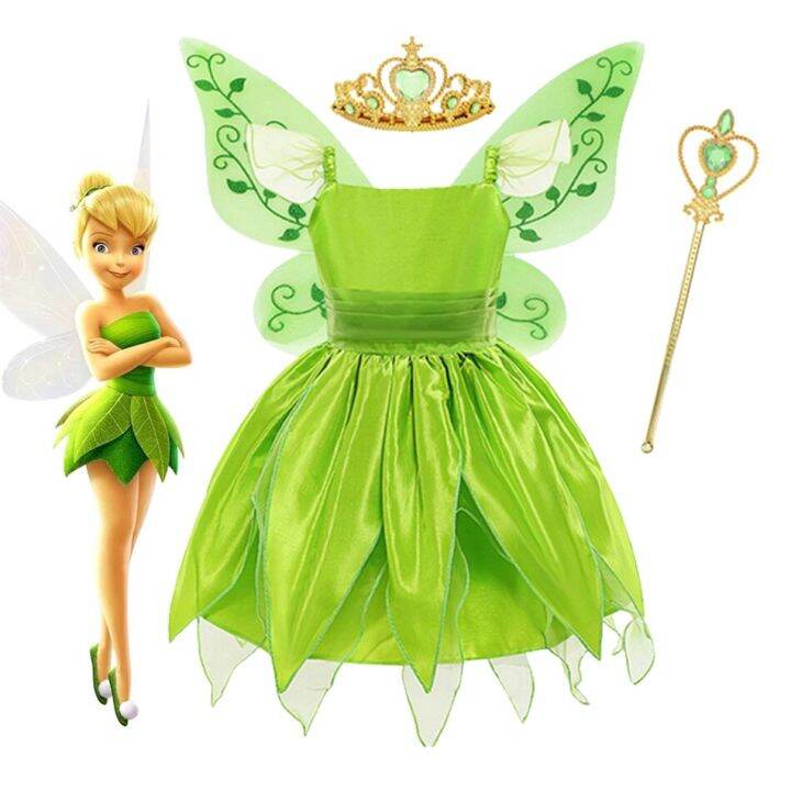 Tinker Bell Princess Halloween Cosplay Girls Party Green Flower Fairy