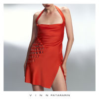 Vinn Patararin - Mini dress in Orange ชุดเดรส คล้องคอ ฉลุลาย