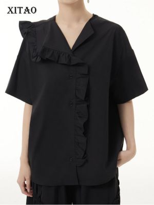 XITAO Shirt Casual Short Sleeve Irregular V-neck Ruffles Women Shirt
