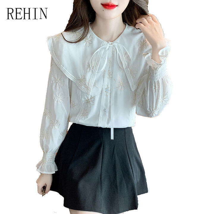 rehin-ผู้หญิงฤดูใบไม้ร่วงใหม่ฝรั่งเศสแฟชั่นปักตุ๊กตาคอยาวแขนเสื้อ-flared-แขน-ruched-cuffs-เสื้อ-elegant