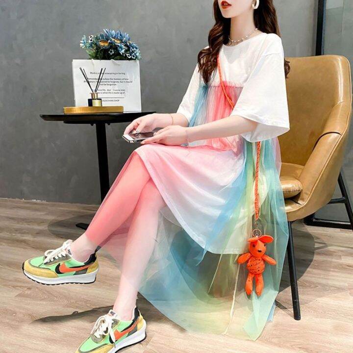 yf-2023-women-summer-rainbow-color-mesh-patchwork-sweet-casual-dresses-korean-style-o-neck-short-sleeve-loose-streetwear-midi-dress