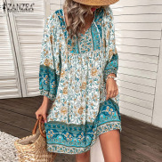 ZANZEA Women Holiday Beach Bohemian Sundress Floral Printed Lace Up V Neck