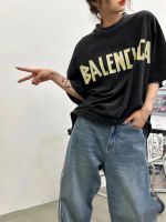 ✎☃เสื้อยืดกระดาษกาว Balenciagaลูกน้องซักได้สำหรับผู้ชายและผู้หญิงแบบคู่แขนสั้นขาดรุ่งริ่ง