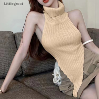 Littlegroot [2023 new HOT FASHION] ผู้หญิงคอเต่าถังด้านบนเซ็กซี่แขนกุด backless ไม่สม่ำเสมอเสื้อถัก pullover Vest