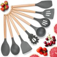 ANAEAT Silicone Cooking Kitchen Spoon Utensil Set Natural Wooden Non-stick Spatula Brush Kitchen Tool