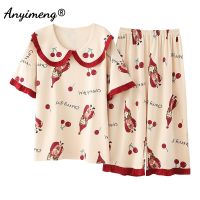 Plus Size Women Pajamas Chic Lapel Cherry Printing Cotton Sleepwear Kawaii Youth Ladies Loungewear 5xl Two Piece Pijamas Summer