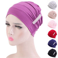 ผู้หญิง Elegant Pearled Turban หมวกอินเดียมุสลิมอิสลามจีบ Hijab Hair Care Chemo หมวก Headwrap ผม Beanies Headwear