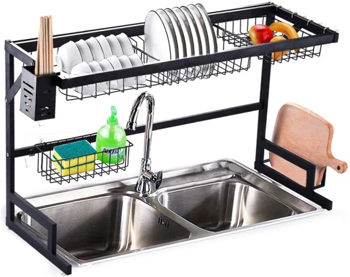 1pc Dish Drying Rack, Space Saving Double Layer Dish Rack With Drip Tray  For Kitchen Counter, Rust-Proof Dish Drainer With Cutting Board and Cutlery  Holder, Kitchen Accessories