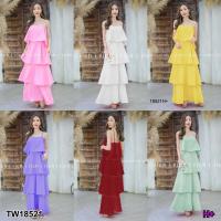 TT18521 เดรสยาวสายเดี่ยวขนมชั้นสีพื้น .Long dress, single strap, layered snacks, floor color ..