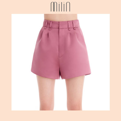[MILIN] High waist front pleated satin shorts กางเกงขาสั้น ผ้าซาติน เอวสูง ดีเทลจับจีบ แต่งห่วงเข็มขัด Trial Shorts สีเขียว/ สีม่วง Green/ Purple