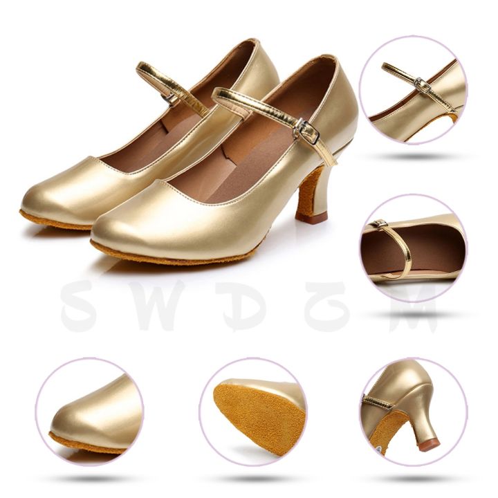 swdzm-ชุดห้องบอลรูมละตินรองเท้าเต้นรำทันสมัยสำหรับผู้หญิง-เด็กผู้หญิง-สุภาพสตรีหนังนิ่มสีเงิน-สีทอง5-7ซม-ส้นสูงซัลซ่า