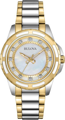 Bulova Ladies Classic Diamond Stainless Steel Watch with Mother of Pearl Dial Black and Gold