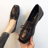 College Girls bow-knot fringe oxford shoes woman square toe loafers flats tassel small leather shoes women 2021 plus size 34-42