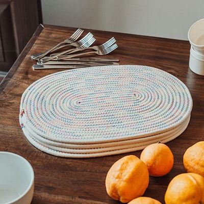 【CW】 Inyahome Oval Sewing Placemats with Round Cotton Rope Woven Coasters Heat-Resistant Non Table Mats for Dining