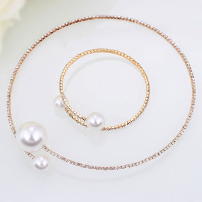 Amart Fashion Women Simple Simulated Pearl Bridal Jewelry Sets Crystal Wedding Necklace+Bracelet Set