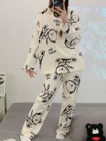 geegostudio Cartoon Bear Print Pajama Set, Long Sleeve Crew Neck Top &amp; Elastic Waistband Pants, Womens Sleepwear &amp; Loungewear