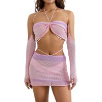 【LZ】✁♨卍  Mini saia sexy de malha feminina cor de contraste pescoço com cabeçada colete pérola cintura baixa mini bodycon ovas de verão Y2K