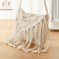 Uenjoyment Handmade Cotton Woven Knitted Tassel Crossbody Bag Vintage Shoulder Messenger Bag Female Fashion Beach Summer Handbags for Women