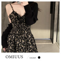 [OMIUUS]ชุดเดรสคอวีกระโปรงสั้นคาดเอวชุดเดรสลายดอกไม้สไตล์ฝรั่งเศสสำหรับฤดูร้อนของผู้หญิง