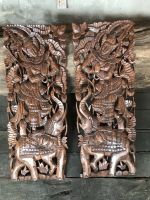 1 คู่ แผ่นไม้สักแกะสลักลายเทพพนมขี่ช้าง Teak wood carved ขนาด 35 ซม.x 90 ซม. งานหัตถกรรม ช่างบ้านถวาย