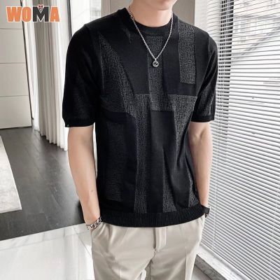 WOMA เสื้อยืดคอกลมชายแขนสั้นดีไซน์ Atasan Bahan Rajut สีเทาเพรียวบาง