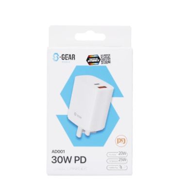 ADAPTER CHARGER (อะแดปเตอร์) S-GEAR 2 PORT 30W PD TRAVEL CHARGER (AD001-30W) (WHITE)