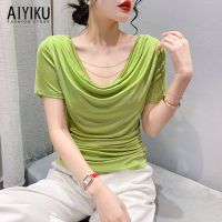 AIYIKU 2023แฟชั่นแขนสั้นใหม่ยุโรป,สไตล์ตะวันตก,เสื้อยืดสีทึบบางและอเนกประสงค์,สร้อยคอด้านบน,เสื้อเชิ้ตตัวเล็ก,เทรนด์ของผู้หญิง