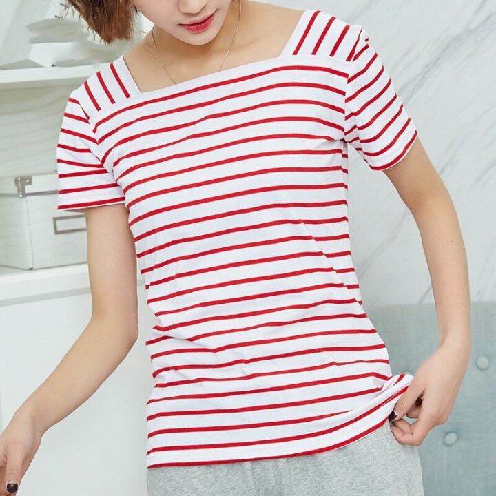 may-shopรุ่น-319-สไตล์เกาหลีรุ่นใหม่หลวมและบางแนวโน้มขนาดใหญ่เสื้อยืดแขนสั้นผู้หญิงลายทางในฤดูร้อน-bottoming-พร้อมส่ง