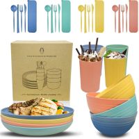 32Pcs Wheat Straw Camping Tableware Set Eco Friendly Picnic Tableware Travel Portable Storage Bag Dinnerware Picnic Cutlery Set Flatware Sets