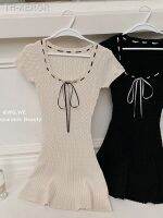 【hot】☌❒  Korean Fashion Short Sleeve Gyaru Knit U-Neck 2023 Bodycon Evening Frocks Design One-Piece